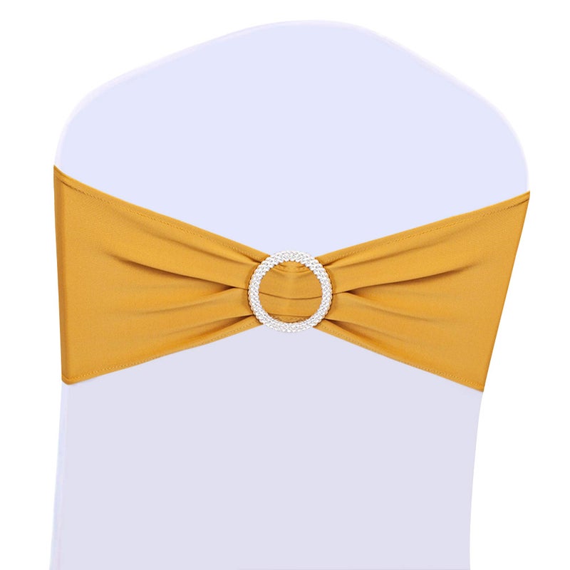 Boshen 100PCS Stretch Chair Sashes Bows Chair Bands with Buckle for Wedding Hotel Banquet Birthday Party Decorations (100, Dark Yellow) - Image 1